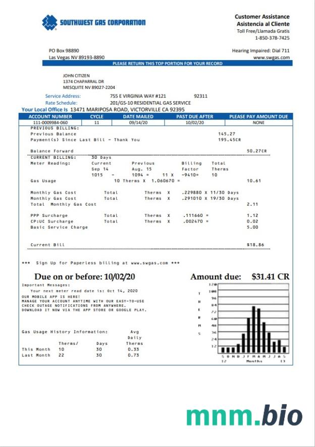 Szablon rachunku za media w USA Nevada Southwest Gas Corporation w formacie Word i PDF